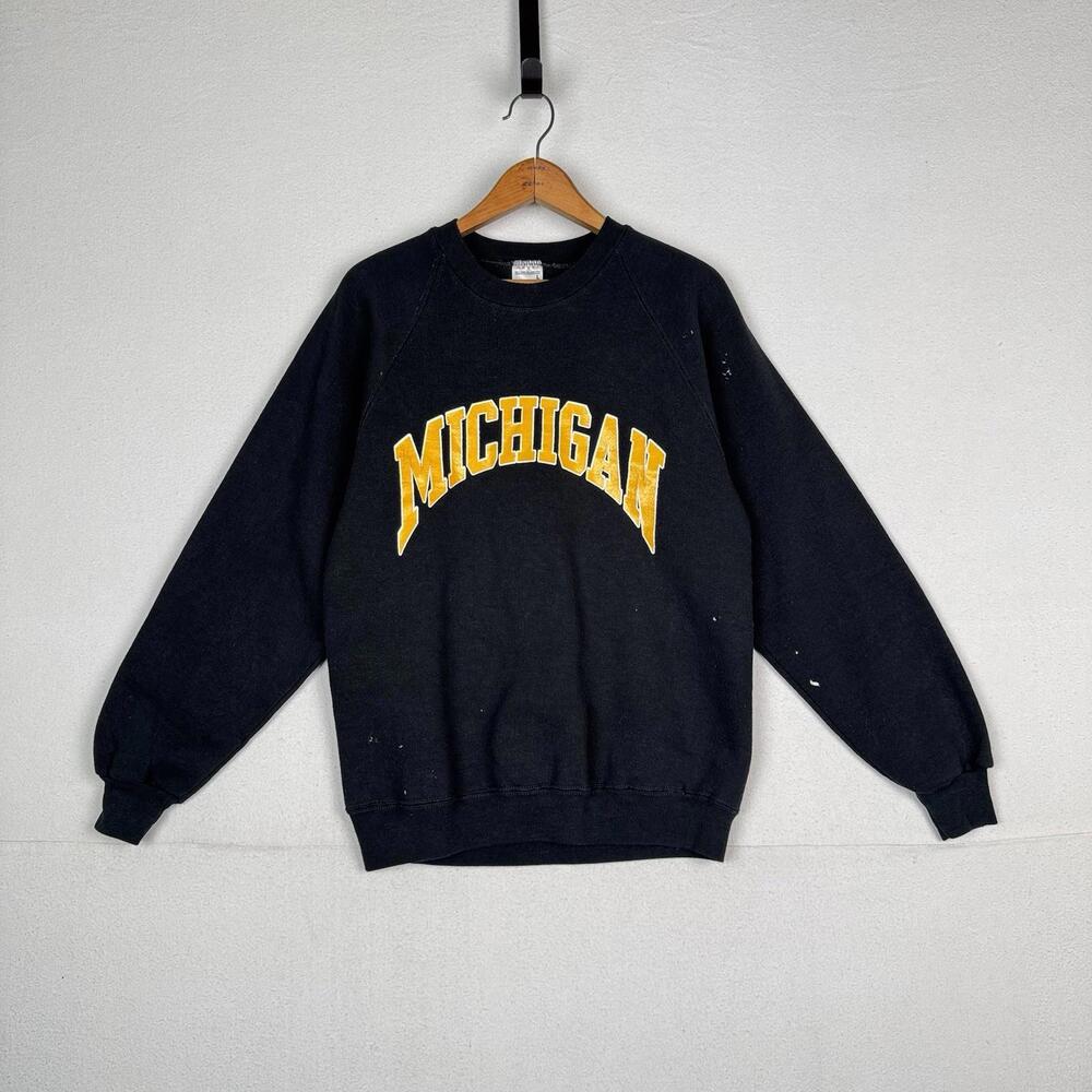 Vtg 80'S Artex University of Michigan‎ Raglan Sweatshirt Made In USA Large Black